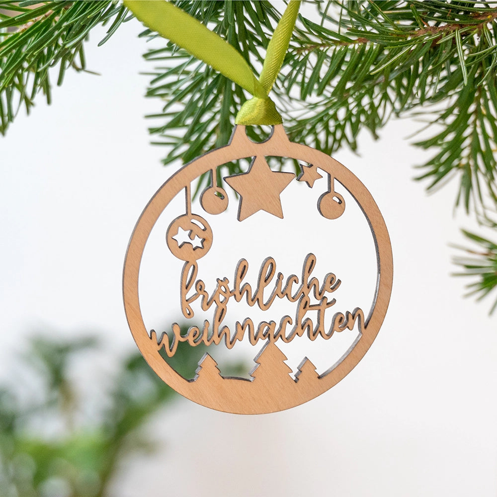 Weihnachtsbaumkugel *fröhliche weihnachten* aus Holz – 3 Motive