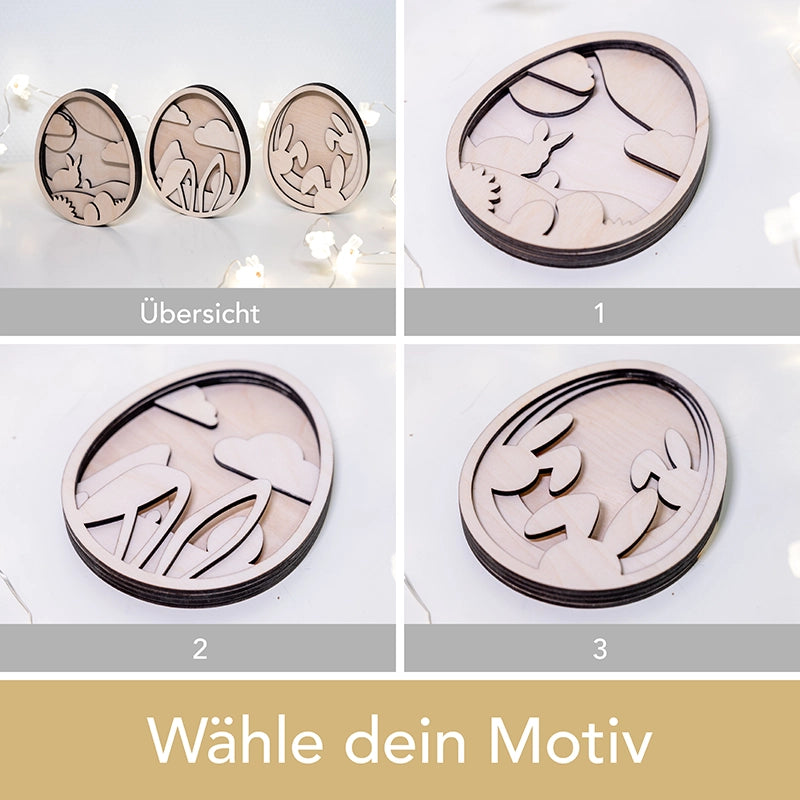 3D Eier aus Holz – 3 Motive