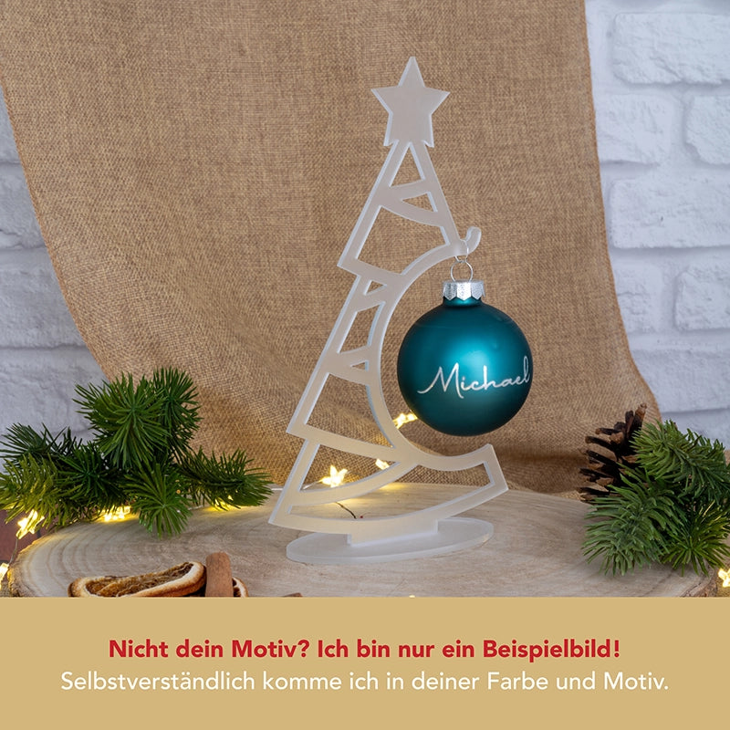 Weihnachtsbaum-Aufsteller mit Christbaumkugel aus Glas | Acryl satiniert